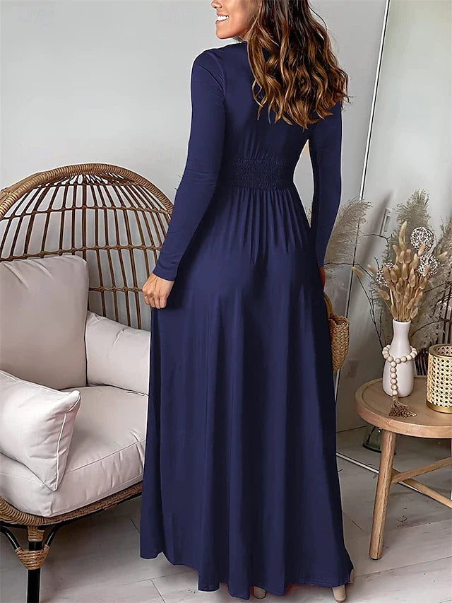 Elegant A-Line V-Neck Long Sleeve Ruched Navy Blue Floor-Length Prom Gown