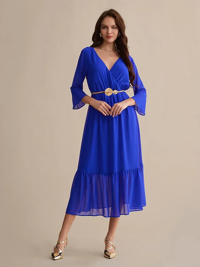 Elegant A-Line V-Neck Long Sleeve Ruffled Royal Blue Midi Prom Gown Women's