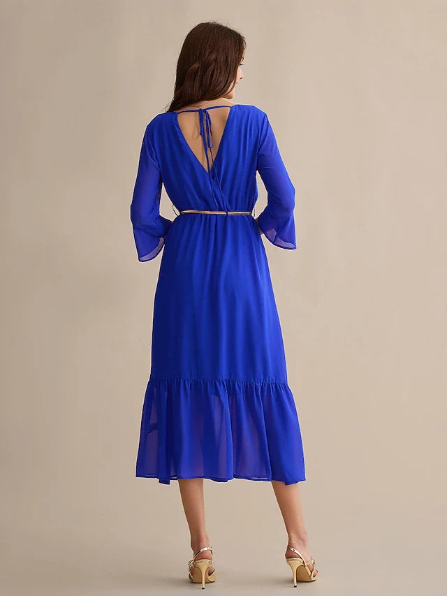 Elegant A-Line V-Neck Long Sleeve Ruffled Royal Blue Midi Prom Gown Women's