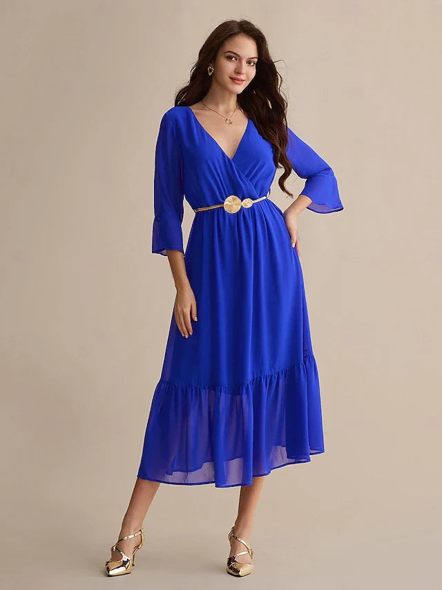 Elegant A-Line V-Neck Long Sleeve Ruffled Royal Blue Midi Prom Gown Women's