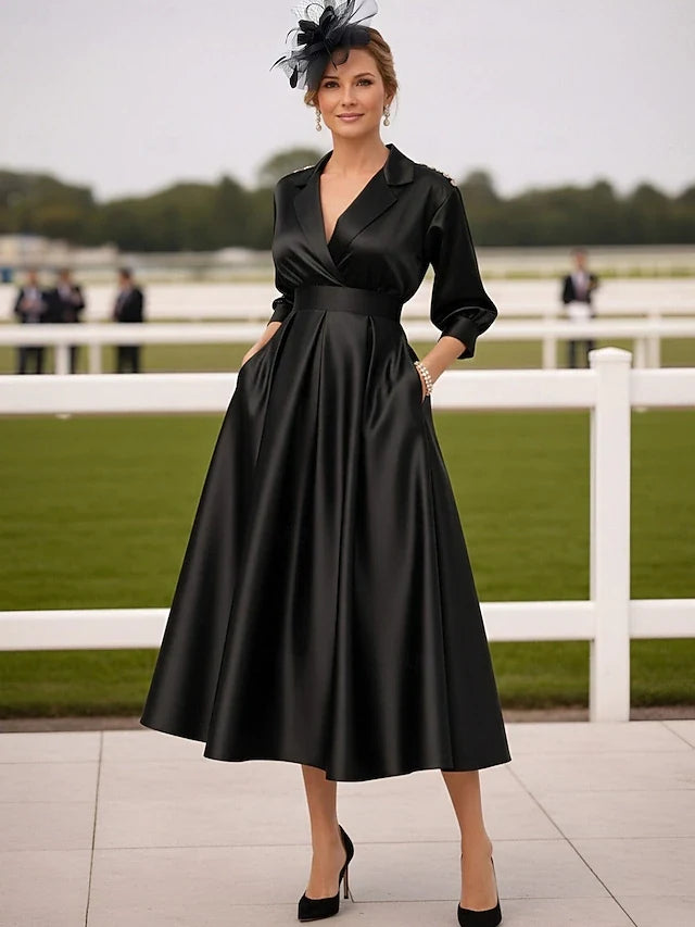 Elegant A-Line V-Neck Long Sleeve Wrap Pleated Black Midi Prom Dress