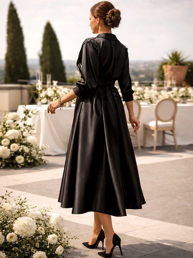 Elegant A-Line V-Neck Long Sleeve Wrap Pleated Black Midi Prom Dress
