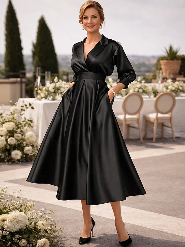 Elegant A-Line V-Neck Long Sleeve Wrap Pleated Black Midi Prom Dress