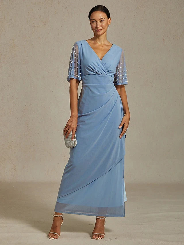 Elegant A-Line V-Neck Pearl Draped Dusty Blue Maxi Prom Dress