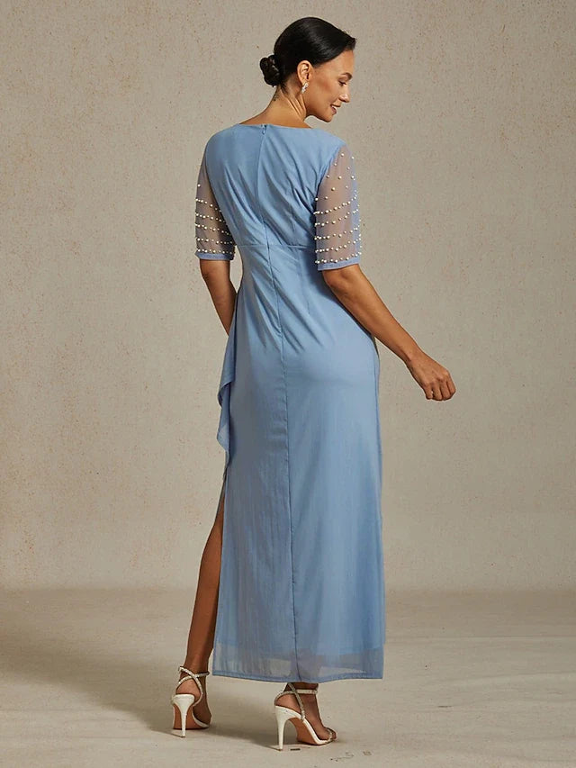 Elegant A-Line V-Neck Pearl Draped Dusty Blue Maxi Prom Dress