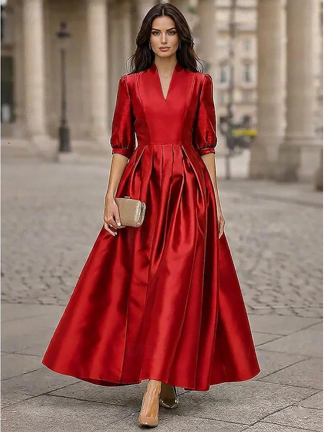 Elegant A-Line V-Neck Pleated Red Maxi Prom Dresses Gown