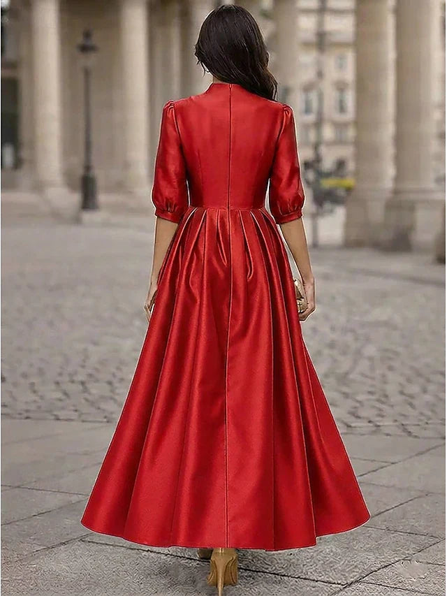 Elegant A-Line V-Neck Pleated Red Maxi Prom Dresses Gown
