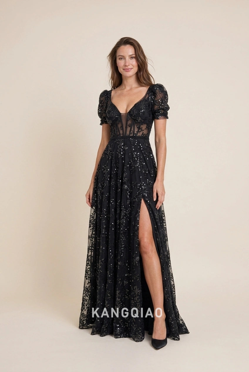 Elegant A-Line V-Neck Puff Sleeve Sequin High Slit Black Prom Dress