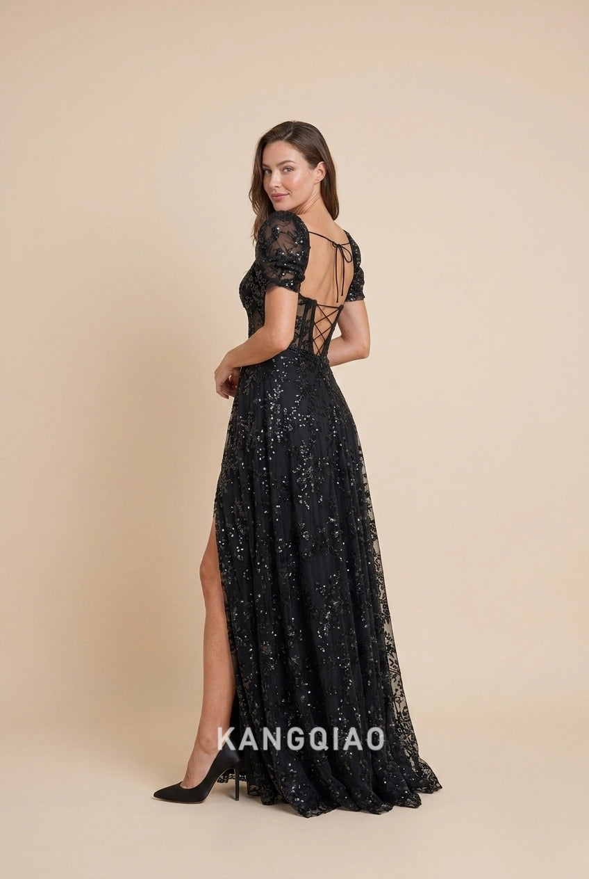 Elegant A-Line V-Neck Puff Sleeve Sequin High Slit Black Prom Dress