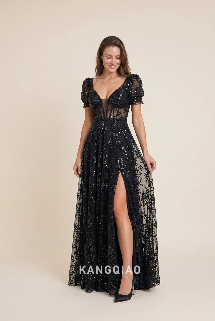Elegant A-Line V-Neck Puff Sleeve Sequin High Slit Black Prom Dress