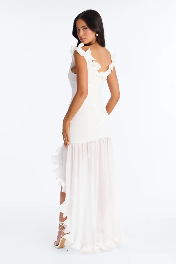 Elegant A-Line V-Neck Ruffled Cap Sleeve Ruched Ivory High-Low Prom Gown