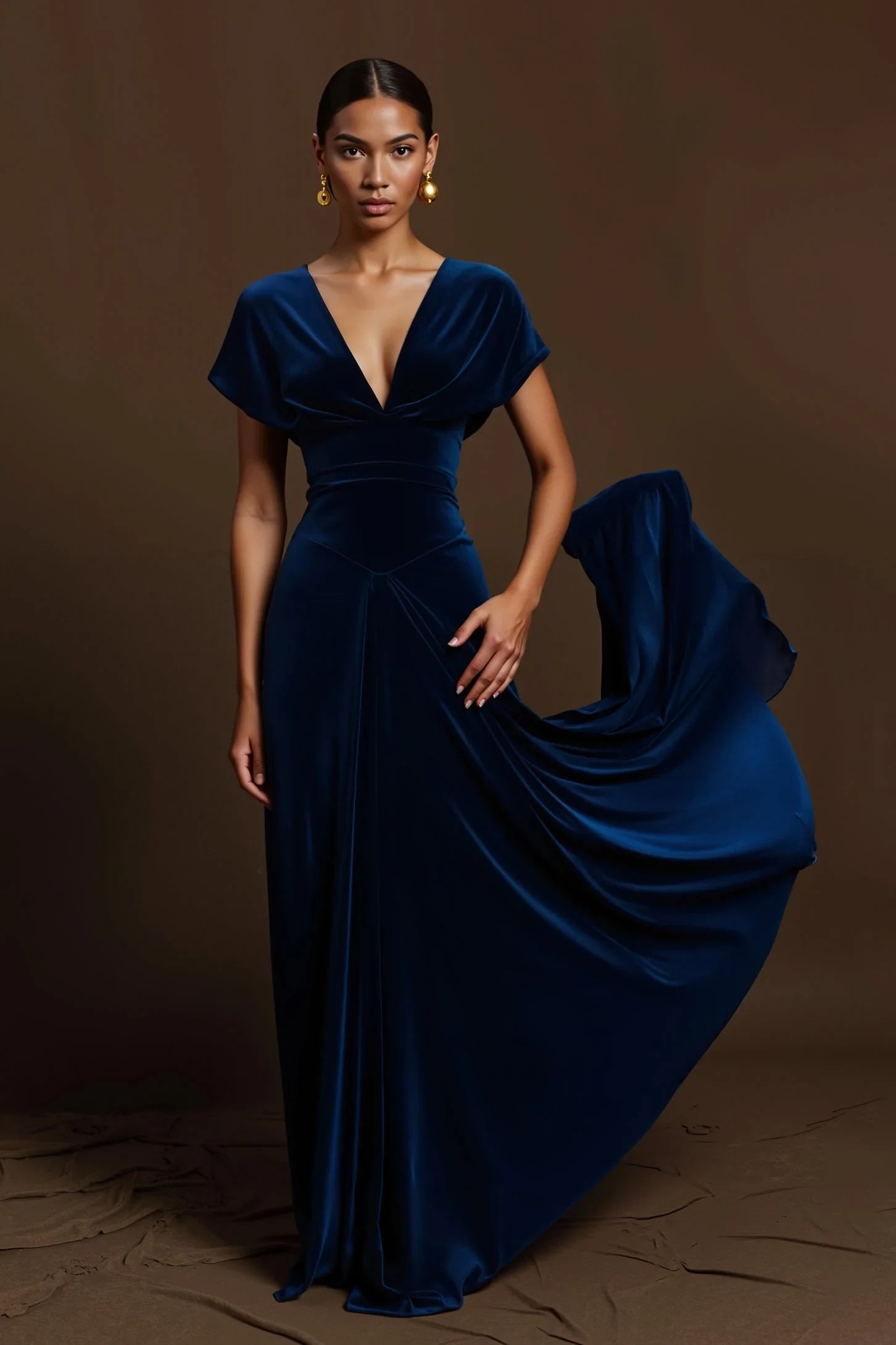 Elegant A-Line V-Neck Short Sleeve Draped Chic Dark Green Floor-Length Prom Dress