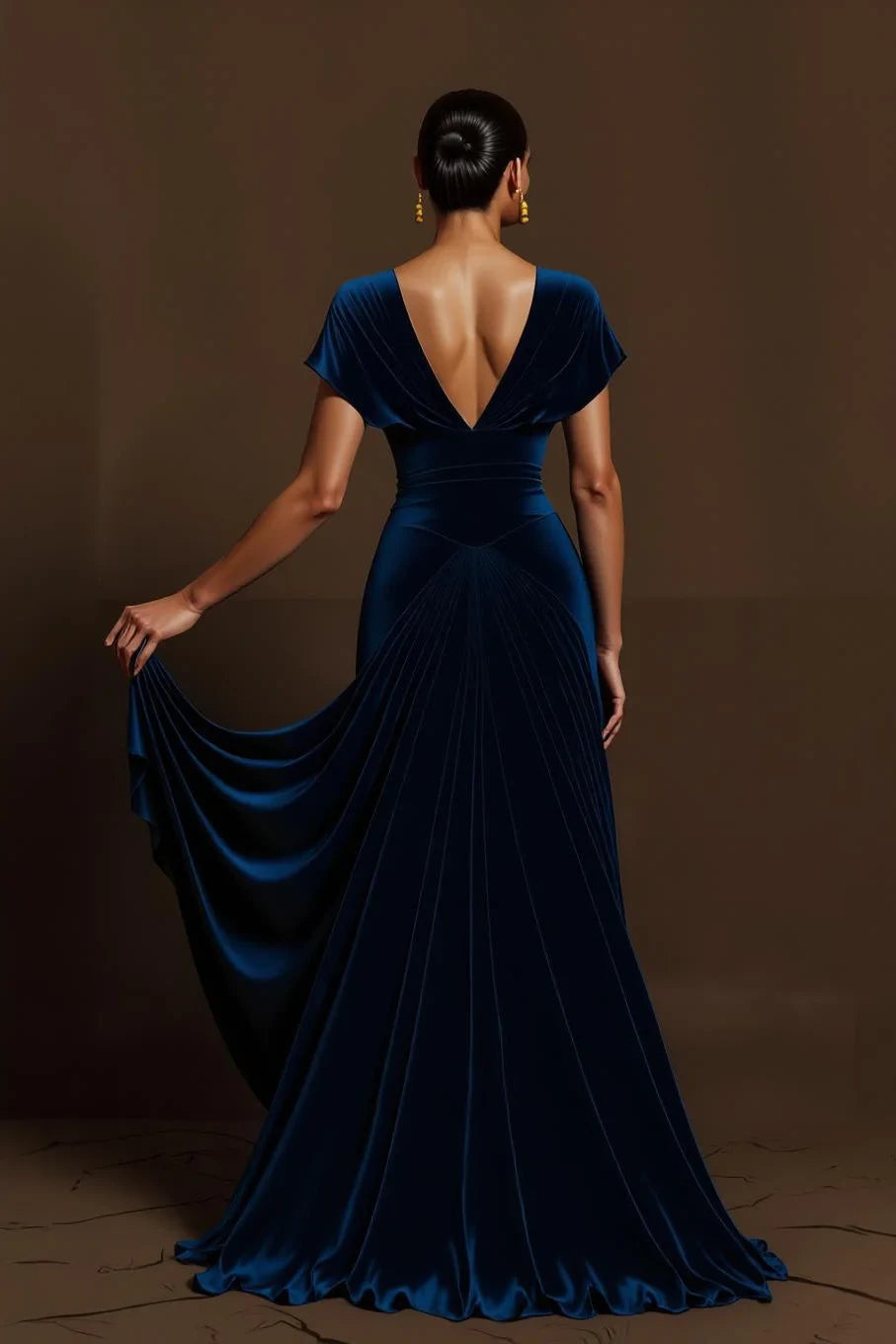 Elegant A-Line V-Neck Short Sleeve Draped Chic Dark Green Floor-Length Prom Dress