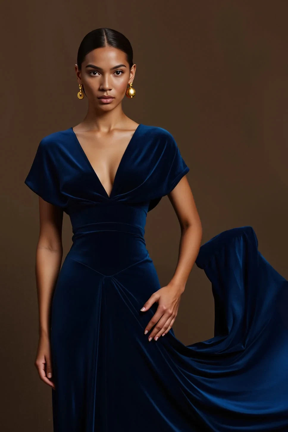 Elegant A-Line V-Neck Short Sleeve Draped Chic Dark Green Floor-Length Prom Dress