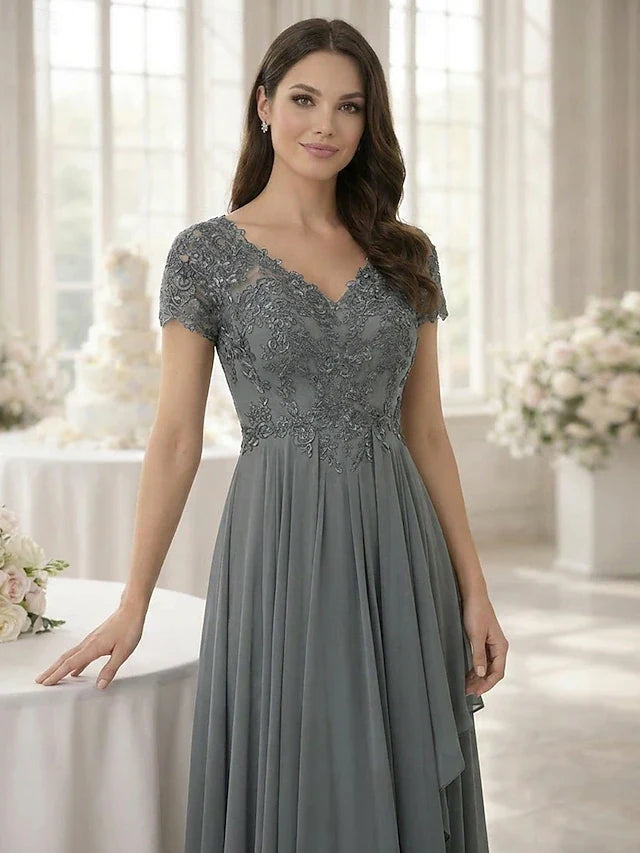 Elegant A-Line V-Neck Short Sleeve Embellished Grey High-Low Prom Dresses