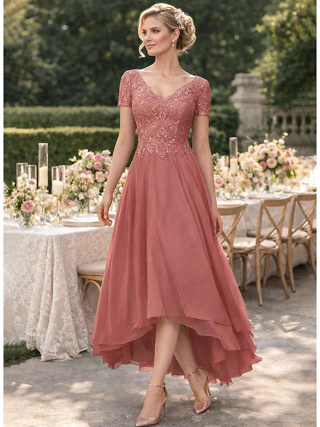 Elegant A-Line V-Neck Short Sleeve Lace High-Low Dusty Rose Prom Gown