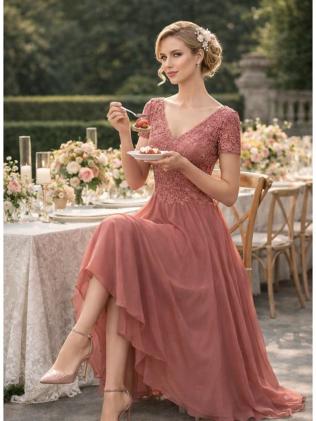 Elegant A-Line V-Neck Short Sleeve Lace High-Low Dusty Rose Prom Gown