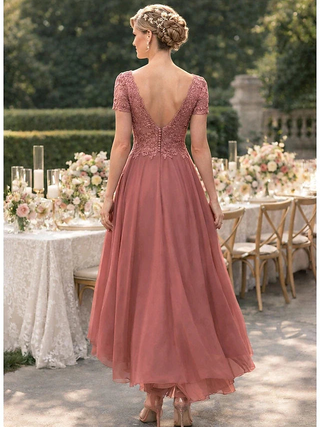Elegant A-Line V-Neck Short Sleeve Lace High-Low Dusty Rose Prom Gown