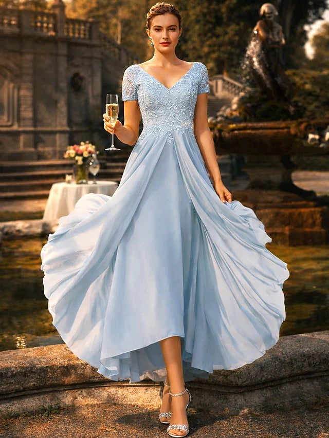 Elegant A-Line V-Neck Short Sleeve Lace Light Blue High-Low Prom Dresses