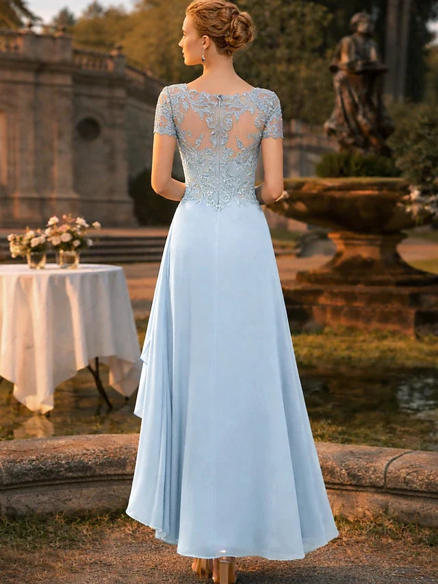 Elegant A-Line V-Neck Short Sleeve Lace Light Blue High-Low Prom Dresses