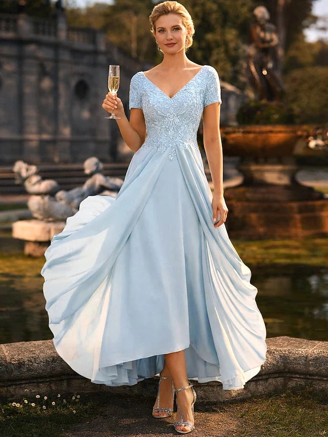 Elegant A-Line V-Neck Short Sleeve Lace Light Blue High-Low Prom Dresses