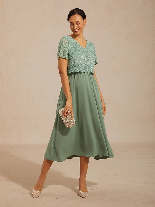 Elegant A-Line V-Neck Short Sleeve Lace Sage Green Midi Prom Dress for Women