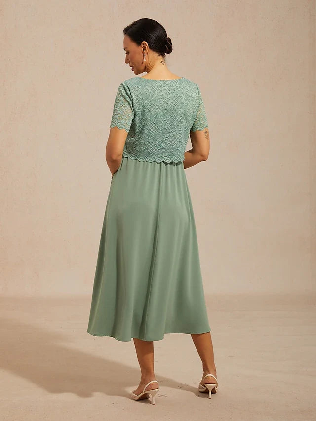 Elegant A-Line V-Neck Short Sleeve Lace Sage Green Midi Prom Dress for Women