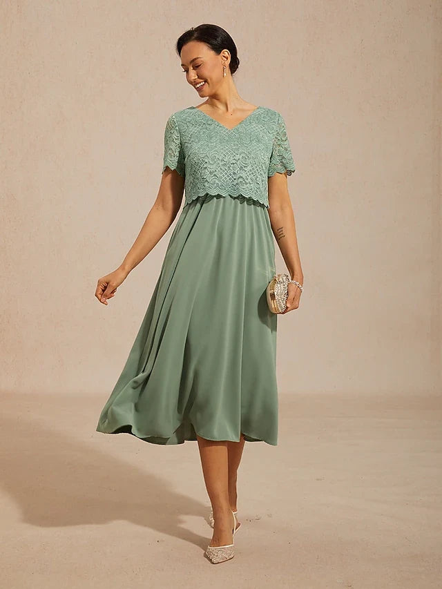Elegant A-Line V-Neck Short Sleeve Lace Sage Green Midi Prom Dress for Women