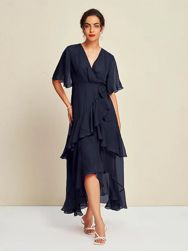 Elegant A-Line V-Neck Short Sleeve Ruffled Asymmetrical Navy Blue High-Low Prom Dress