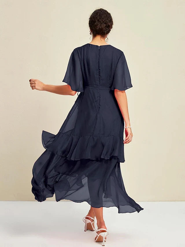 Elegant A-Line V-Neck Short Sleeve Ruffled Asymmetrical Navy Blue High-Low Prom Dress