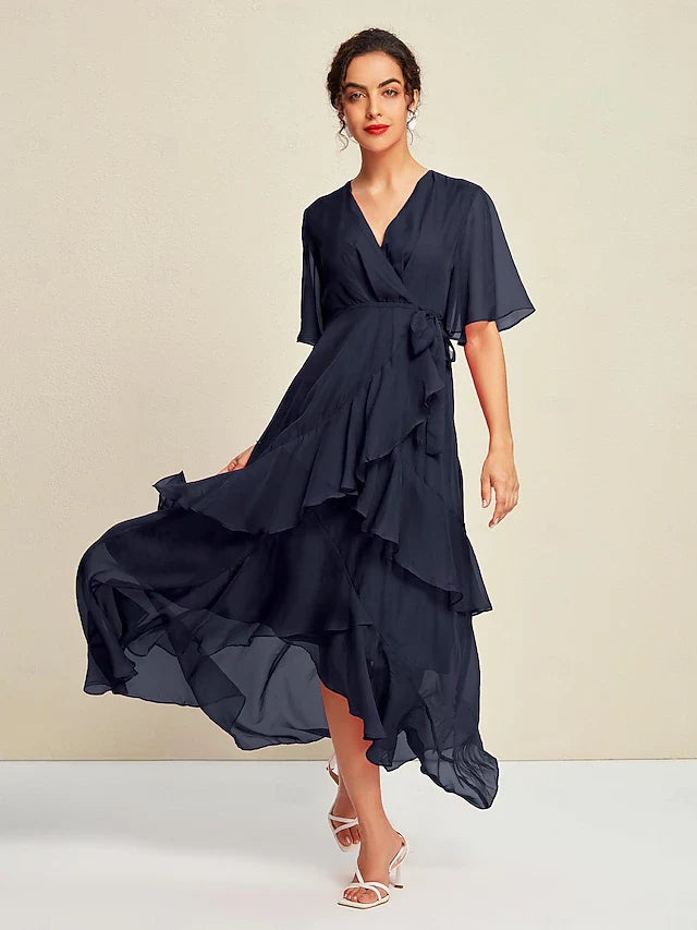 Elegant A-Line V-Neck Short Sleeve Ruffled Asymmetrical Navy Blue High-Low Prom Dress