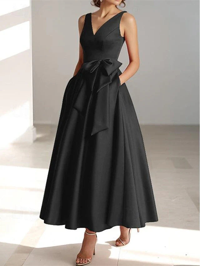 Elegant A-Line V-Neck Sleeveless Bow-Sash Black Midi Prom Dress Women's Gown