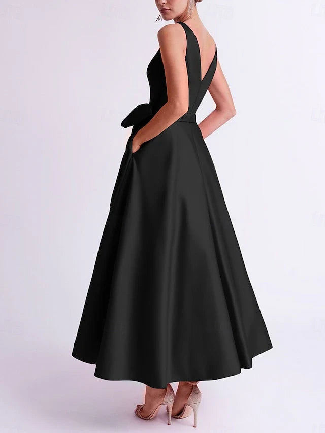 Elegant A-Line V-Neck Sleeveless Bow-Sash Black Midi Prom Dress Women's Gown
