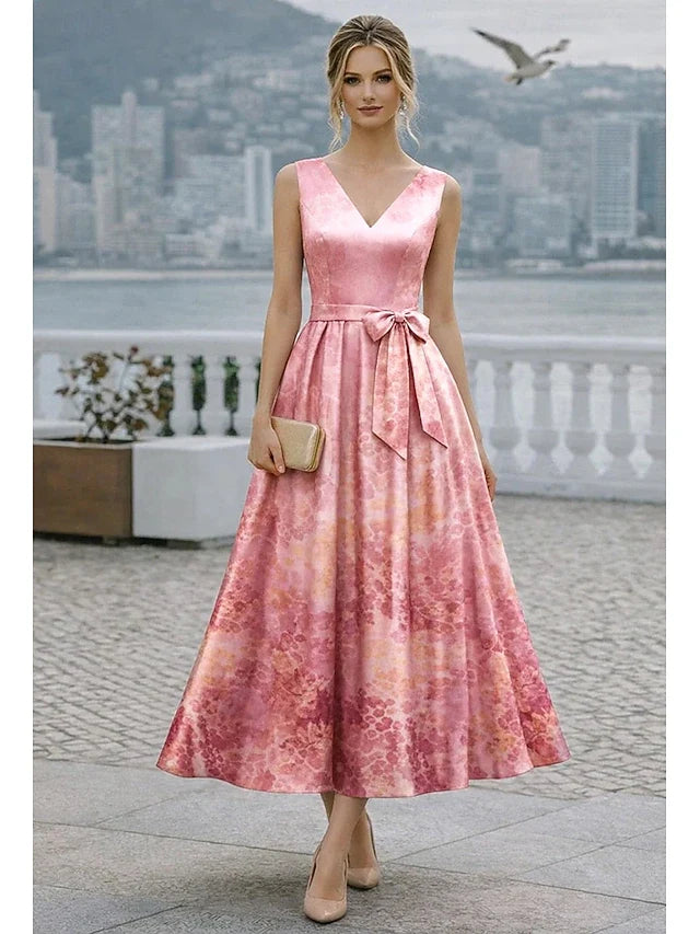 Elegant A-Line V-Neck Sleeveless Floral Jacquard Pink Midi Prom Dress