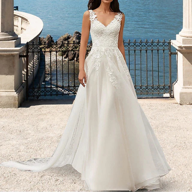 Elegant A-Line V-Neck Sleeveless Floral Lace Tulle Ivory Floor-Length Prom Dresses