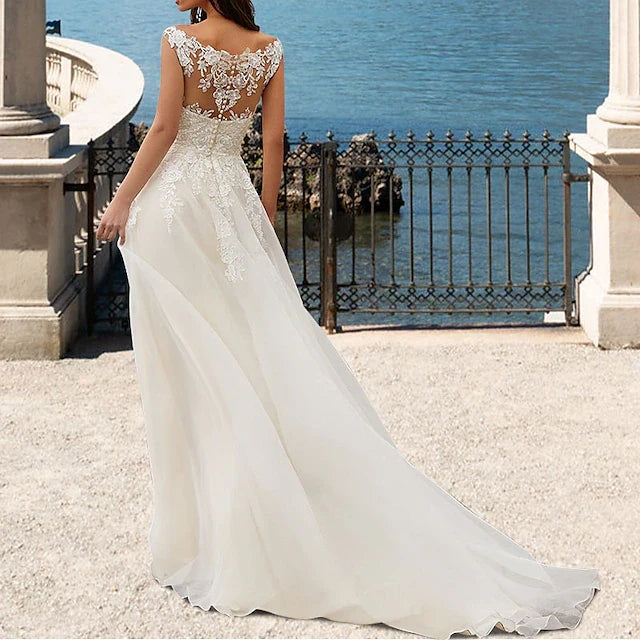 Elegant A-Line V-Neck Sleeveless Floral Lace Tulle Ivory Floor-Length Prom Dresses