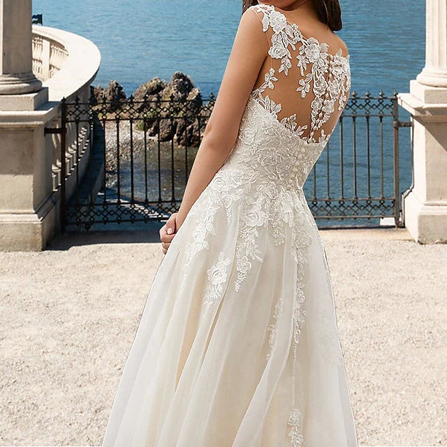 Elegant A-Line V-Neck Sleeveless Floral Lace Tulle Ivory Floor-Length Prom Dresses