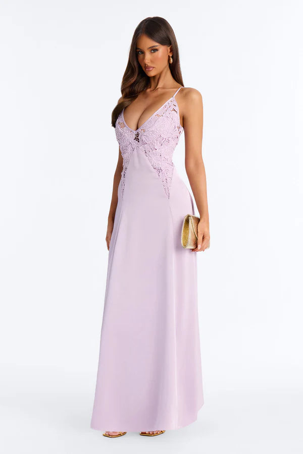 Elegant A-Line V-Neck Sleeveless Lace Bodice Flowy Lavender Floor-Length Prom Gown