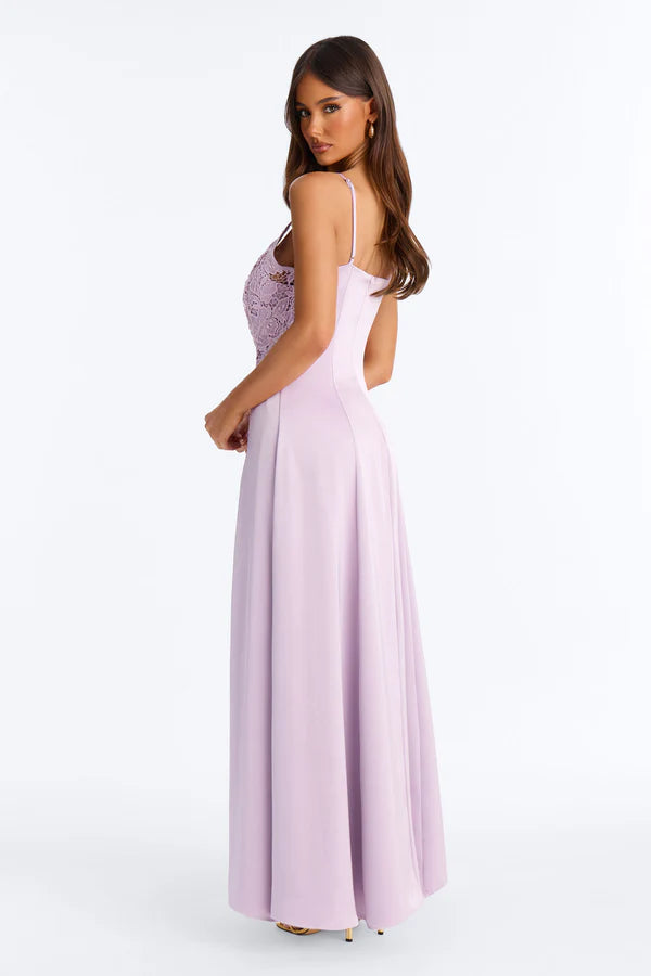 Elegant A-Line V-Neck Sleeveless Lace Bodice Flowy Lavender Floor-Length Prom Gown