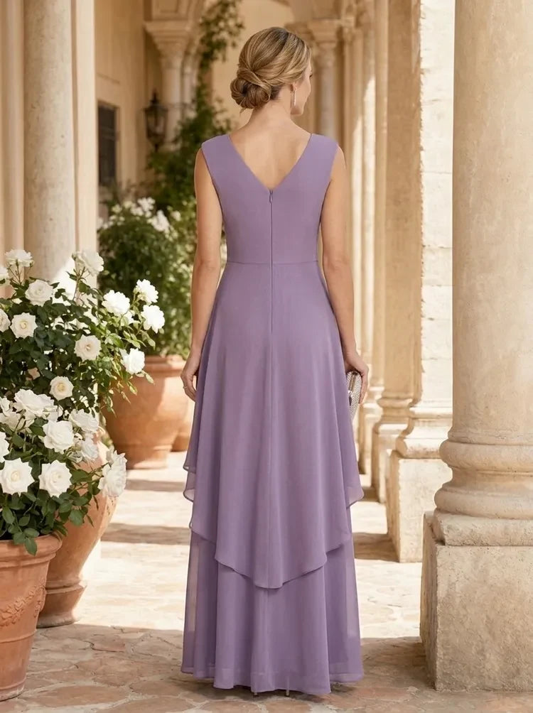 Elegant A-Line V-Neck Sleeveless Ruched Embellished Lavender Floor-Length Prom Gown