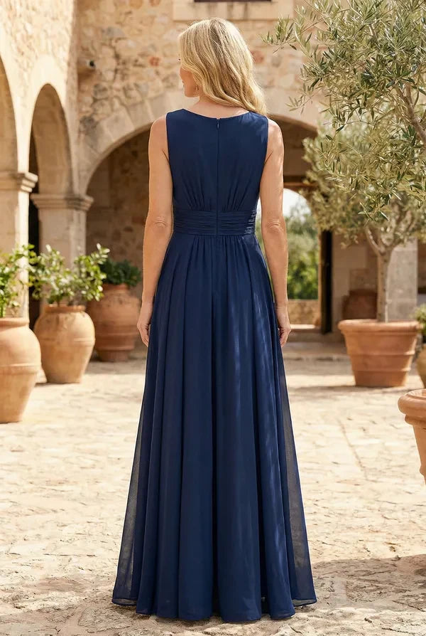 Elegant A-Line V-Neck Sleeveless Ruched Navy Blue Floor-Length Prom Gown