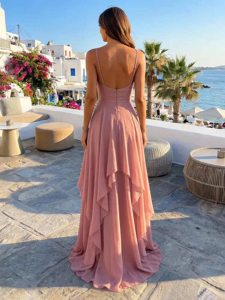 Elegant A-Line V-Neck Sleeveless Ruffled Dusty Pink Floor-Length Prom Gown
