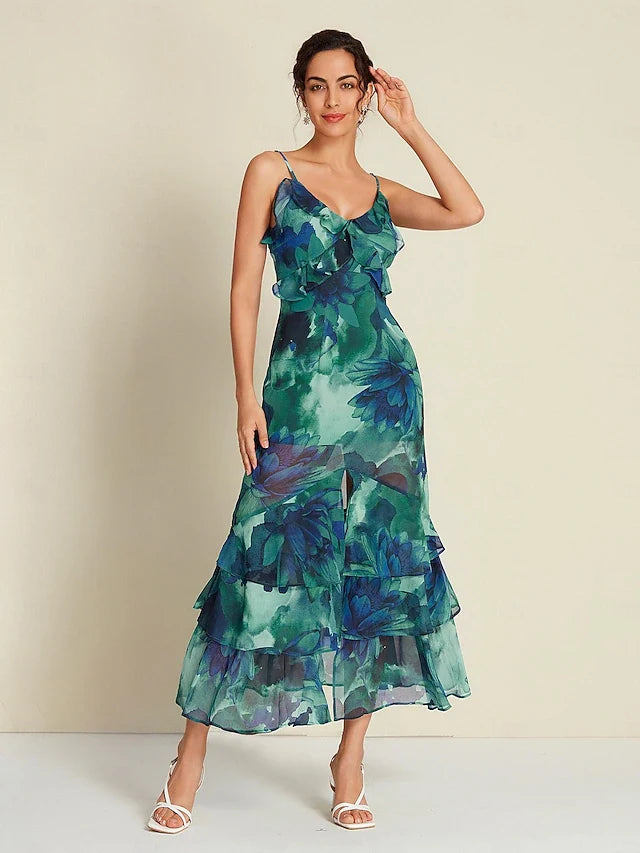 Elegant A-Line V-Neck Sleeveless Ruffled Tiered Floral Teal Maxi Prom Dress Women's