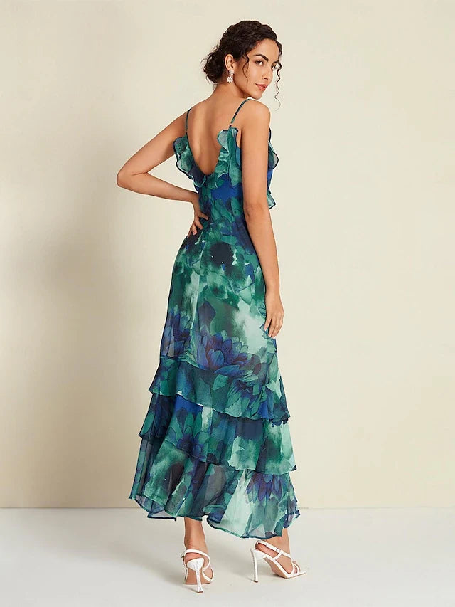 Elegant A-Line V-Neck Sleeveless Ruffled Tiered Floral Teal Maxi Prom Dress Women's