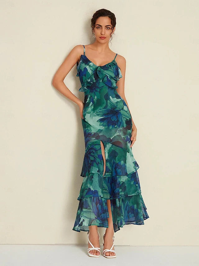 Elegant A-Line V-Neck Sleeveless Ruffled Tiered Floral Teal Maxi Prom Dress Women's