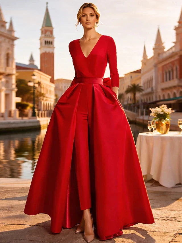 Elegant A-Line V-Neck Three-Quarter Sleeve Chic Red Floor-Length Prom Dress