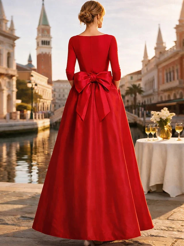 Elegant A-Line V-Neck Three-Quarter Sleeve Chic Red Floor-Length Prom Dress