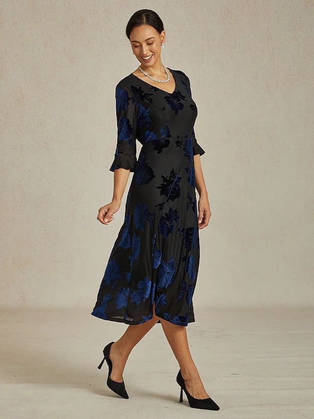 Elegant A-Line V-Neck Three-Quarter Sleeve Floral Black Blue Midi Prom Dress