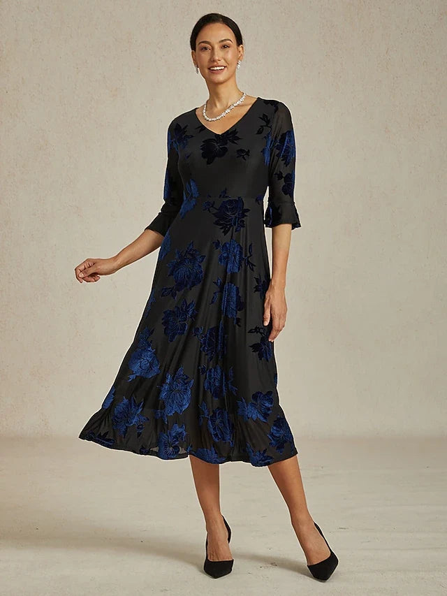 Elegant A-Line V-Neck Three-Quarter Sleeve Floral Black Blue Midi Prom Dress