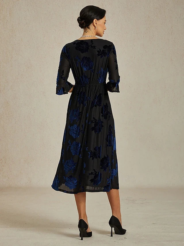 Elegant A-Line V-Neck Three-Quarter Sleeve Floral Black Blue Midi Prom Dress